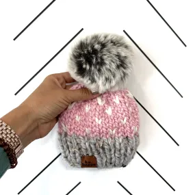 3-6 month Baby Happe Hearts Knit Pom Hat | Blossom Pink   Grey   Off White