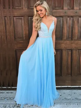 A Line V Neck Light Blue Beaded Chiffon Long Prom Dresses, Beaded Light Blue Long Formal Evening Dresses