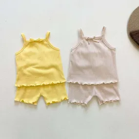 Baby Girl Ribbed Knit Lettuce Trim Design Sling Tops & Shorts Sets