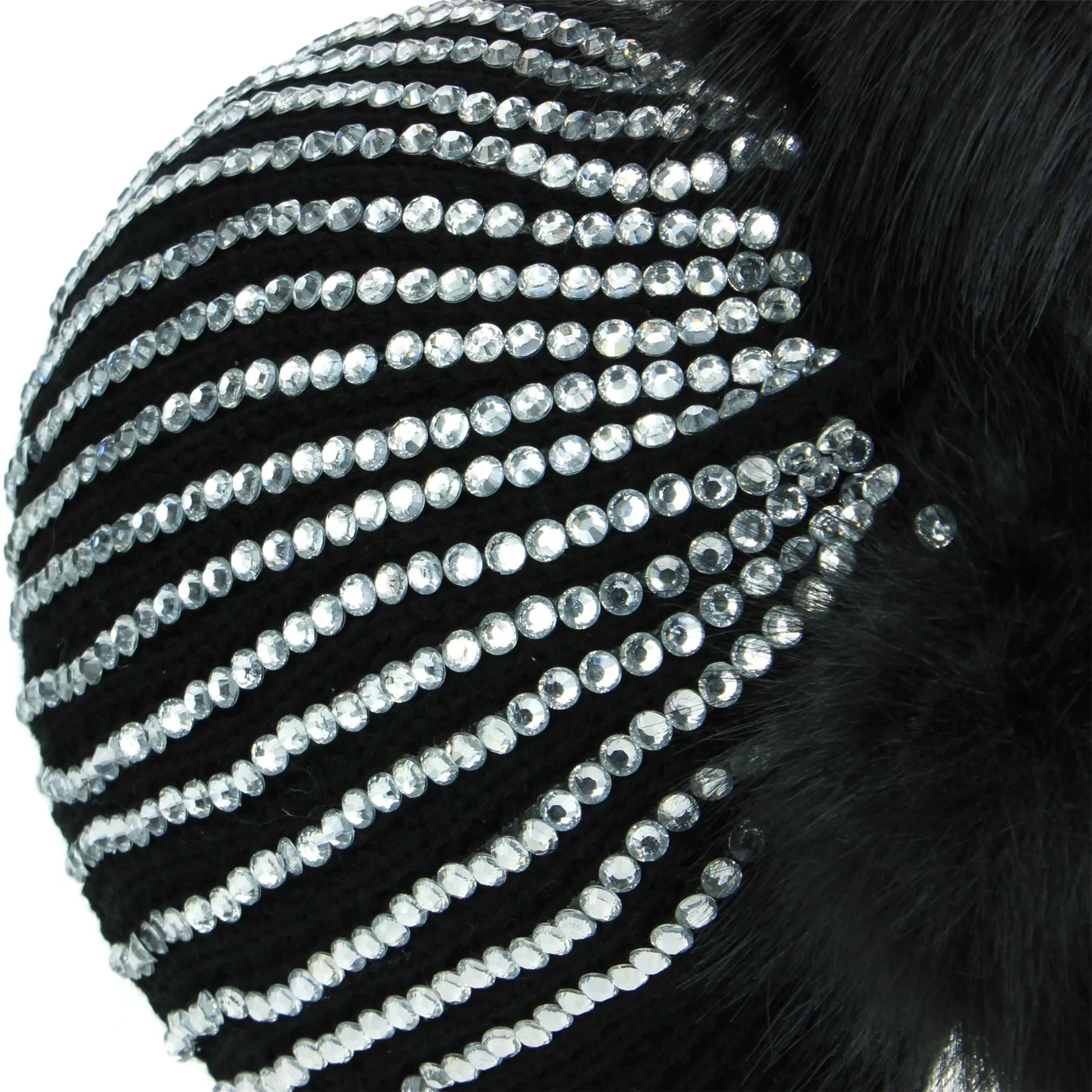 Bling Diamante Studded Chunky Knit Beanie Hat with Two Bobbles - Black