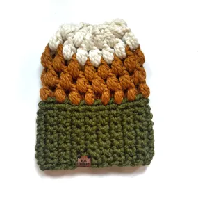 Crochet Puff Stitch Slouch Hat | Green   Butterscotch   Cream