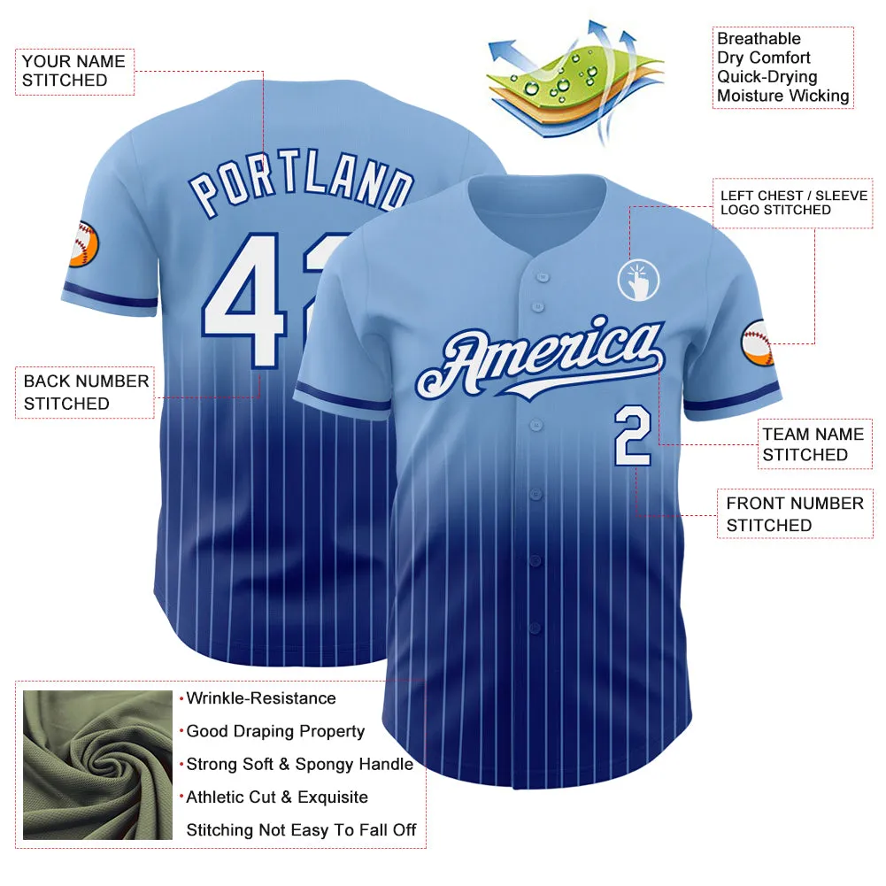 Custom Light Blue Pinstripe White-Royal Authentic Fade Fashion Baseball Jersey