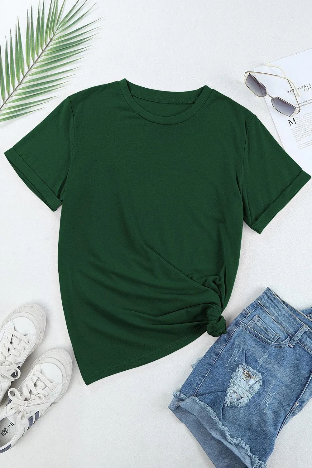 Green Casual Crew Neck Solid Color T-Shirts Loose Lightweight Tops for Women