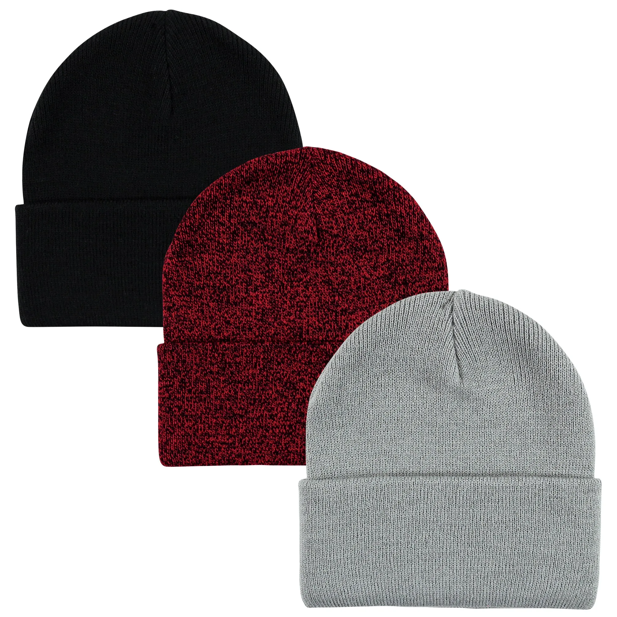 Hudson Baby Knit Cuffed Beanie 3pk, Heather Red Black