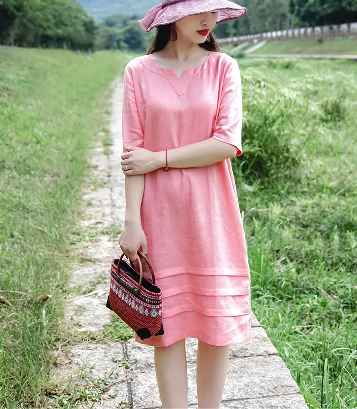 Pink Women Dresses Casual Summer Linen Women Dresses 9215