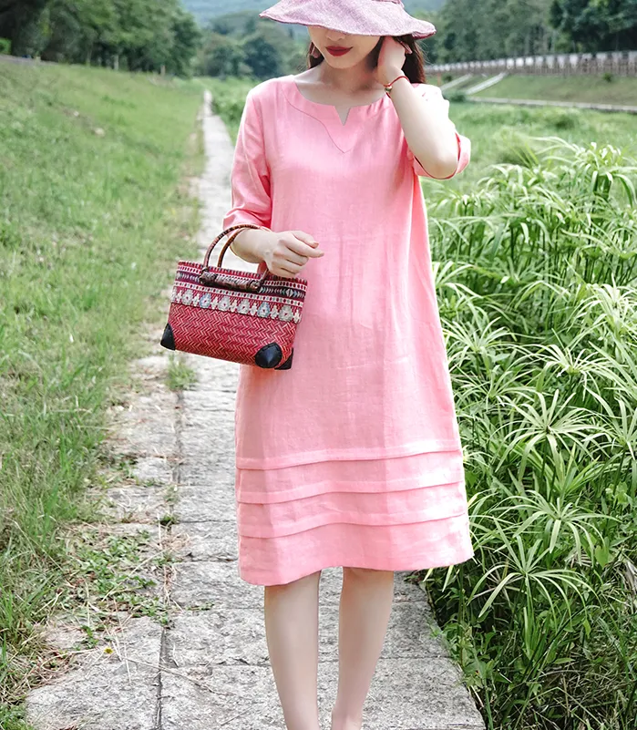 Pink Women Dresses Casual Summer Linen Women Dresses 9215