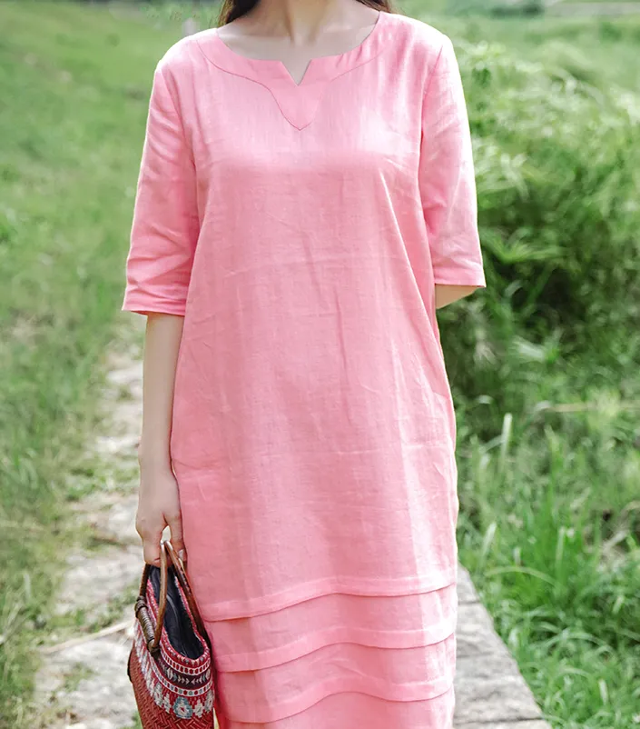 Pink Women Dresses Casual Summer Linen Women Dresses 9215