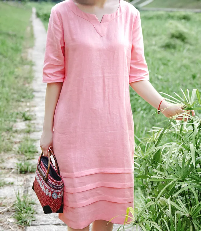 Pink Women Dresses Casual Summer Linen Women Dresses 9215