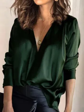 Solid Color V-Neck Long Sleeves Blouse Shirt Top