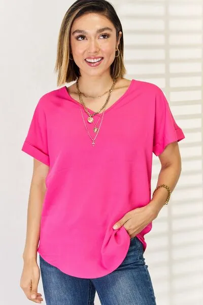 V-Neck Rolled Short Sleeve T-Shirt