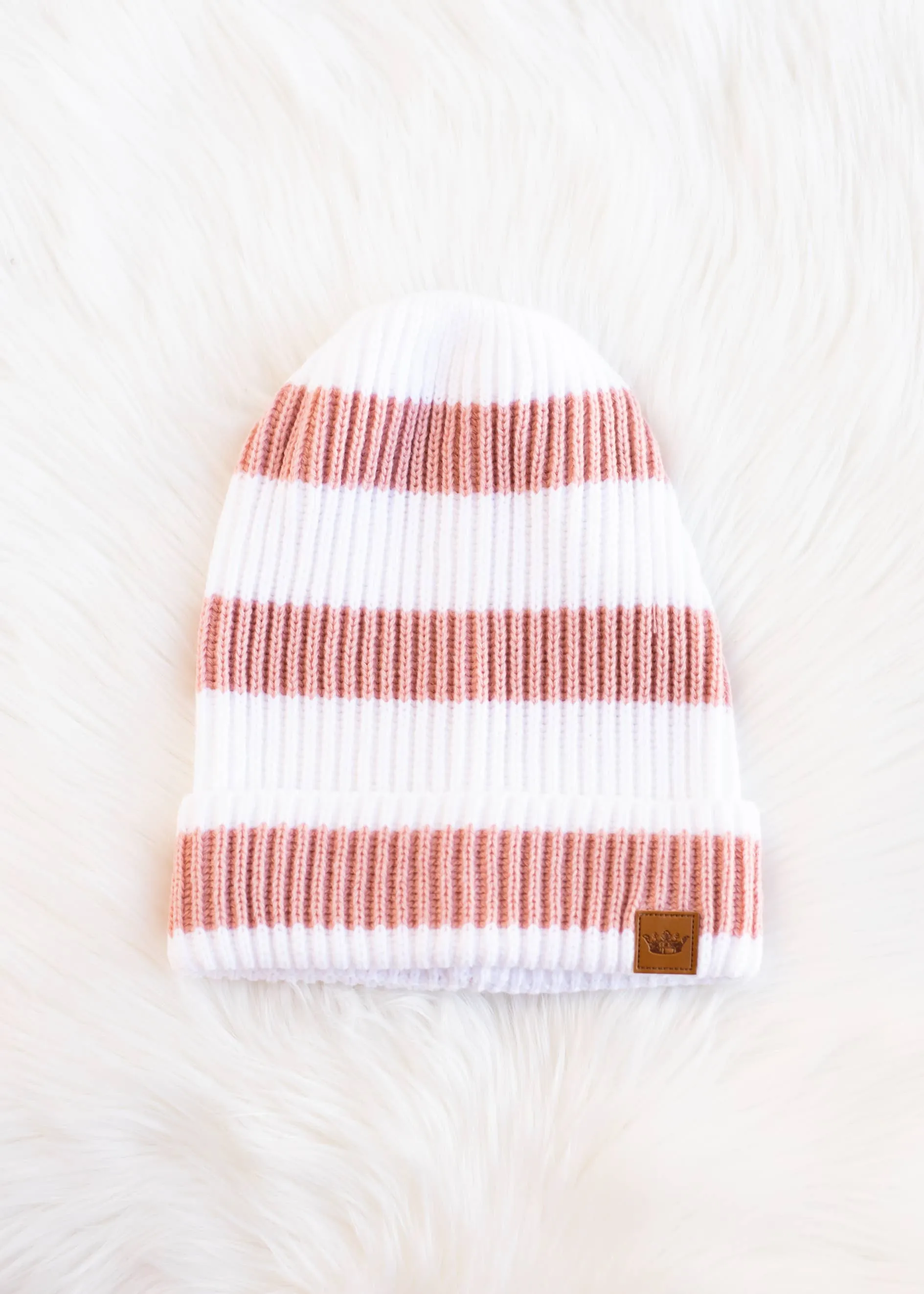 White w/ Blush Stripes Slouchy Beanie