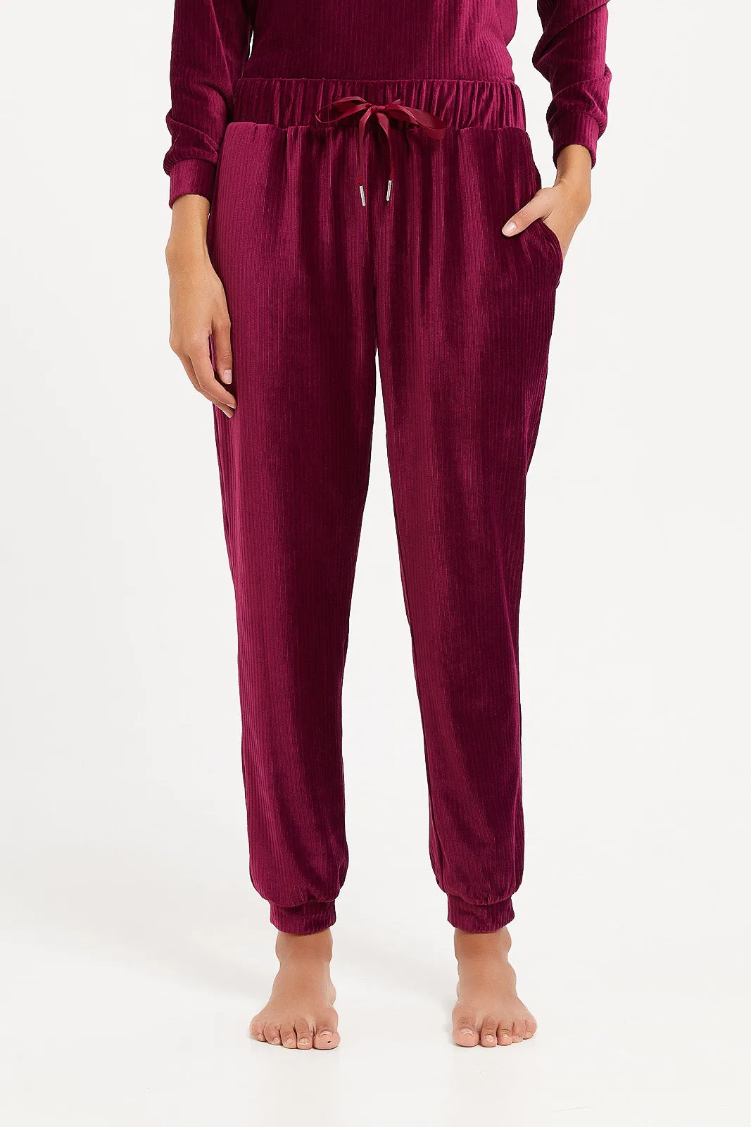 Women Burgundy Plain Velvet Pyjama Set (2 Piece)